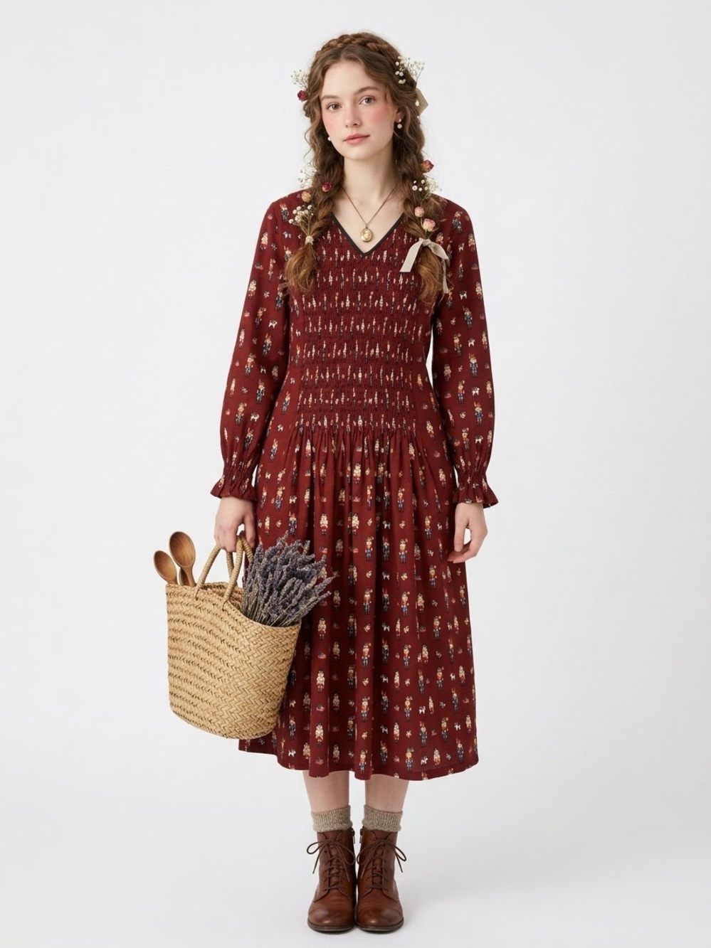 Boho Prairiecore Chocolate Brown Midi Dress Poet Sleeve Smocked Kitschy Kawaii